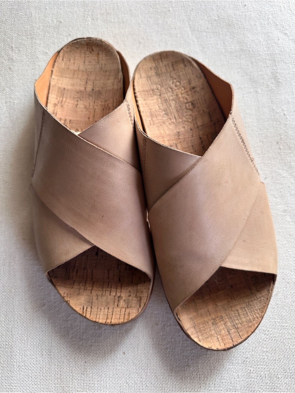 Kork-Ease Tutsi Leather Cross Band Cork Slide Sandals Tan Nude | 9
